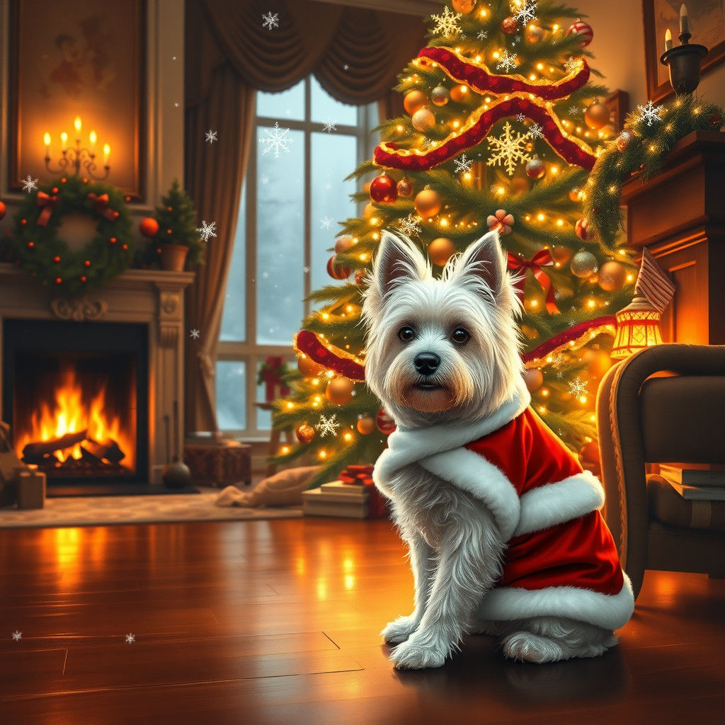 Christmas Dog in Firelight: Photorealistic Painting