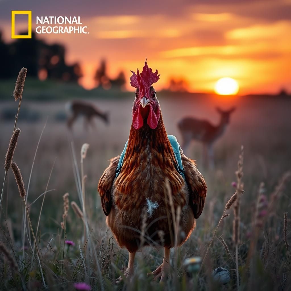 Chicken Photobombing Wildlife Scene at Sunset