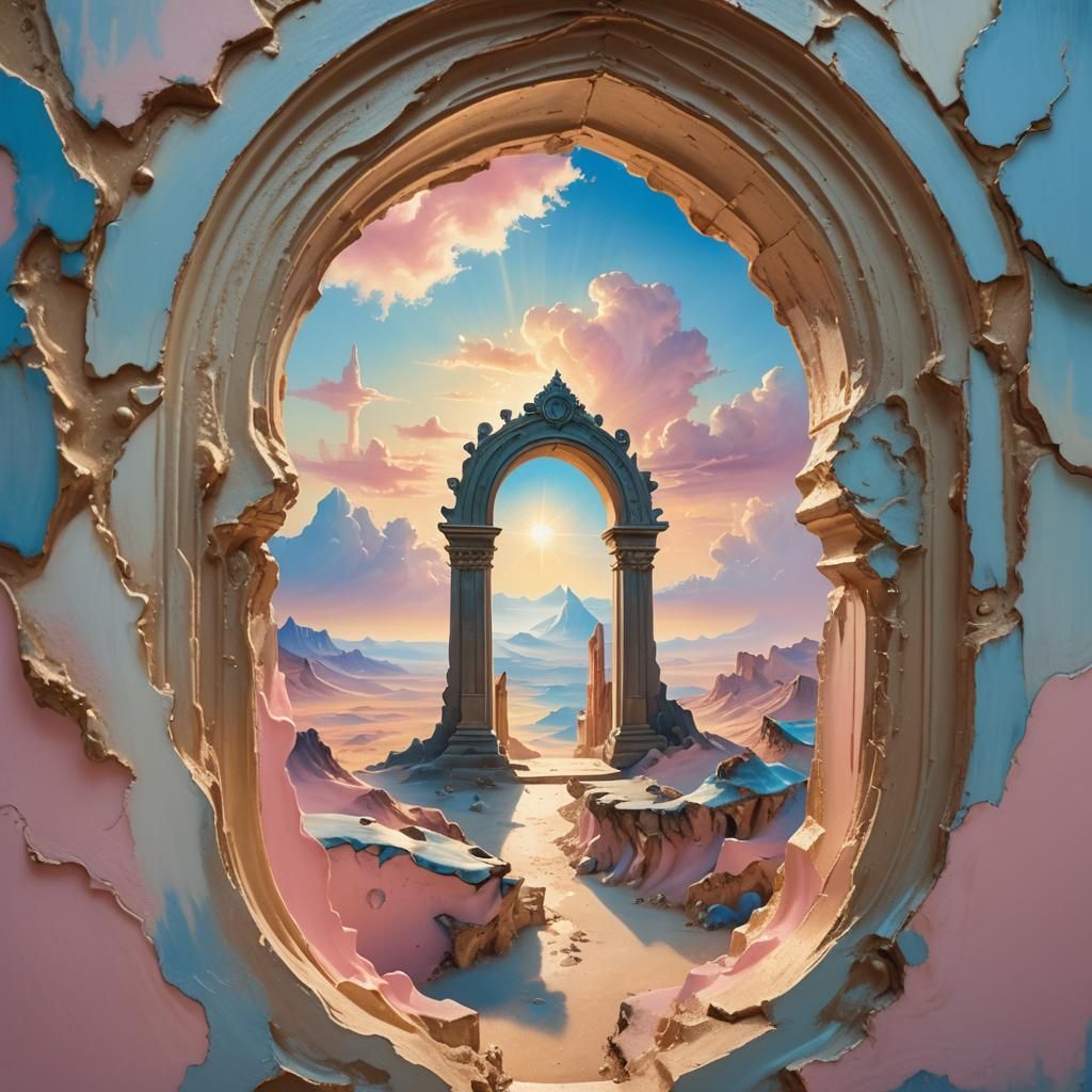 Surreal Alien Landscape Through Keyhole, Watercolor Style