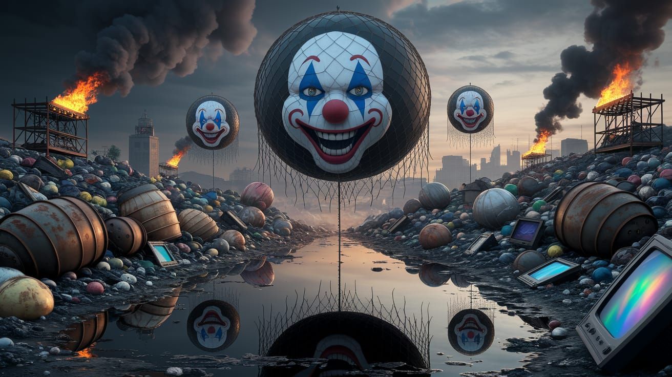 Dystopian Clown Balloons Tower Above a Polluted Wasteland