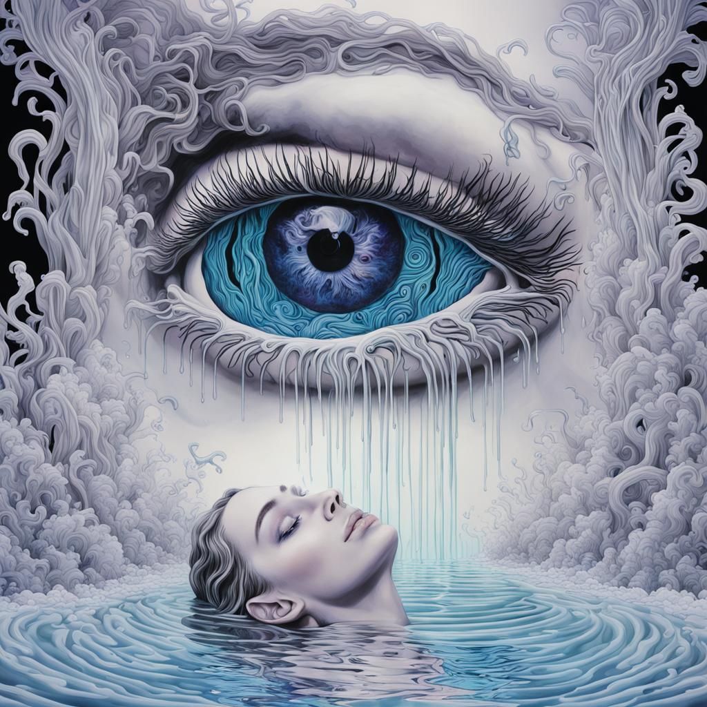 large crying eye creating a waterfall of milk, virus, detail...