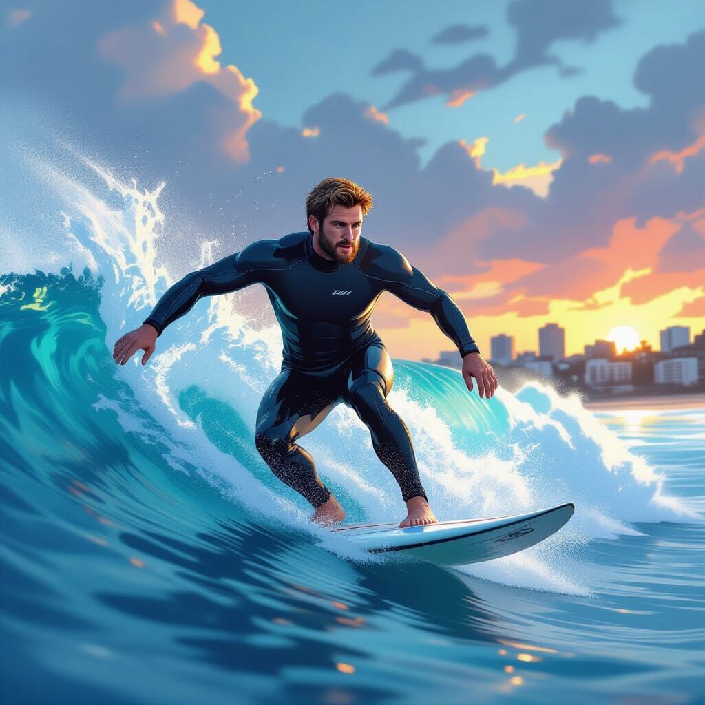 Surfer Rides Wave in Futuristic Digital Art Style