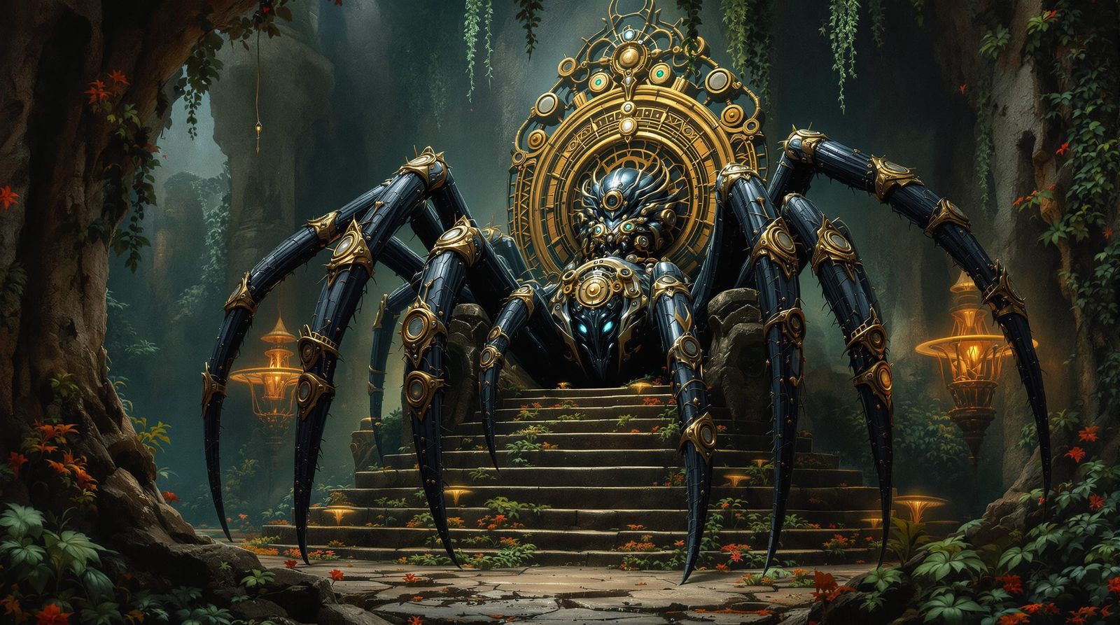 Ancient Steampunk Spider Queen in Jungle Temple