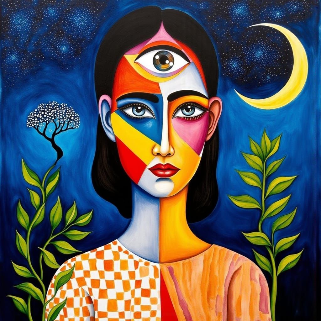 Surreal Woman's Face with Third Eye and Cosmic Elements