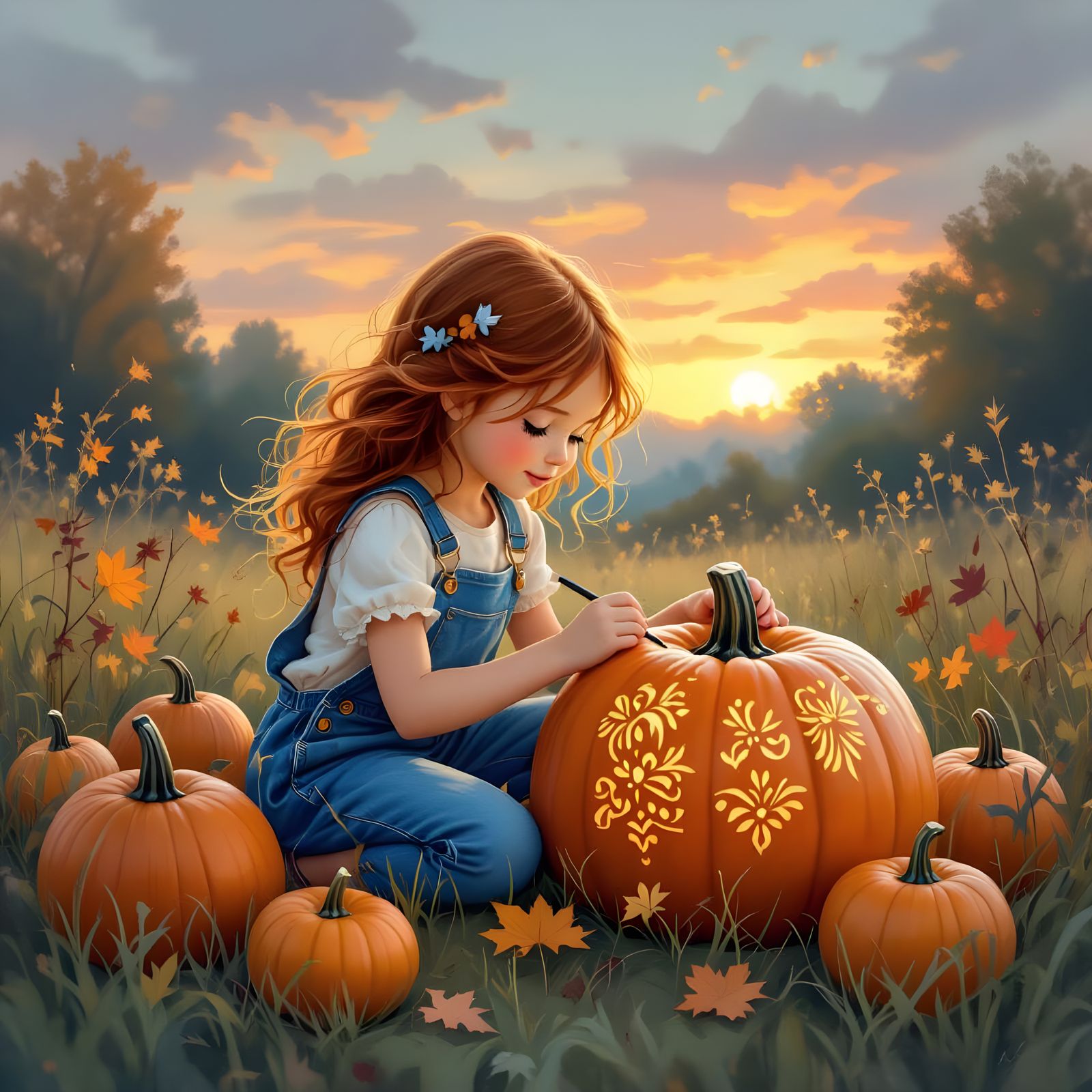 Whimsical Girl Paints Pumpkins in Enchanted Meadow