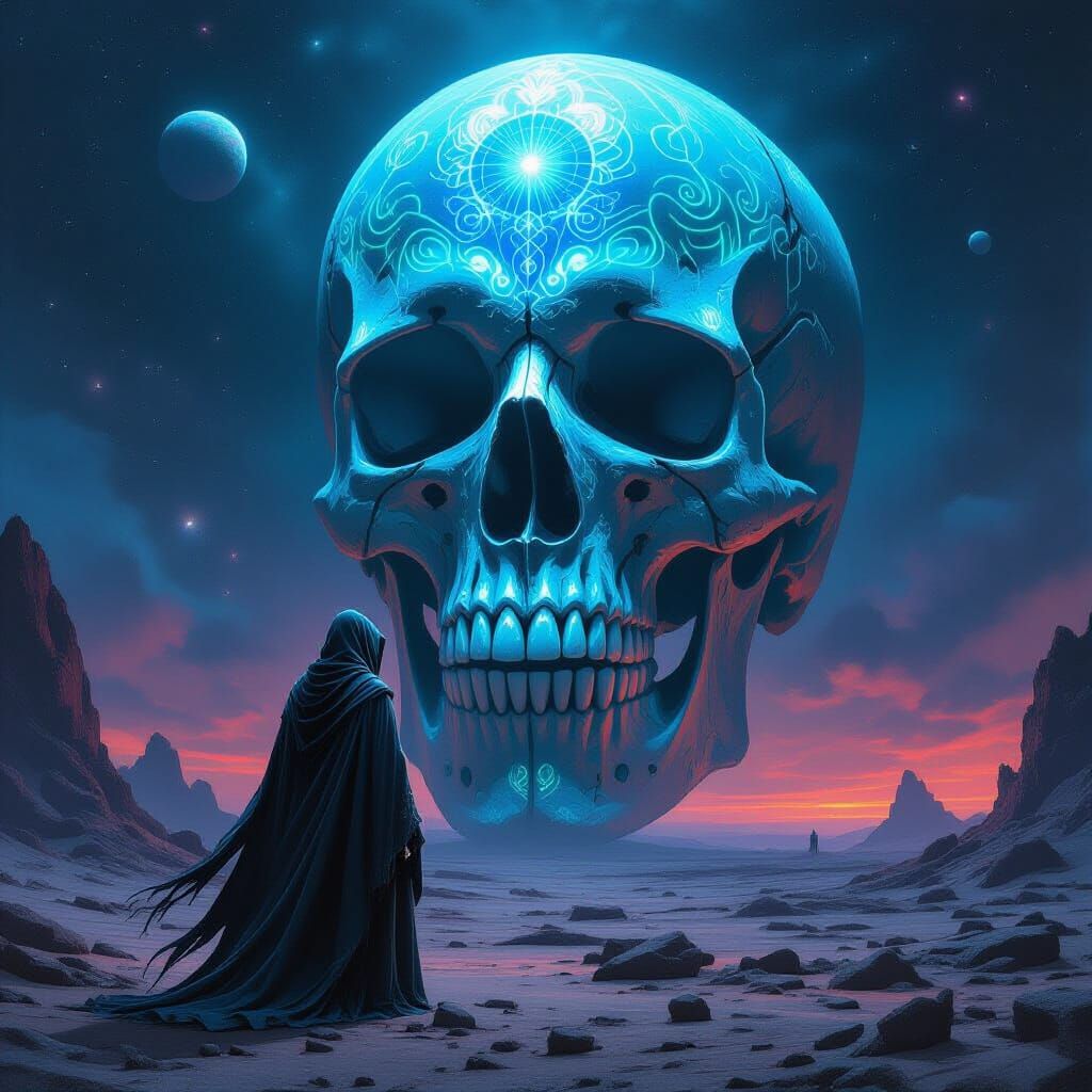 Spectral Figure Before Bioluminescent Skull in Beksiński Sty...