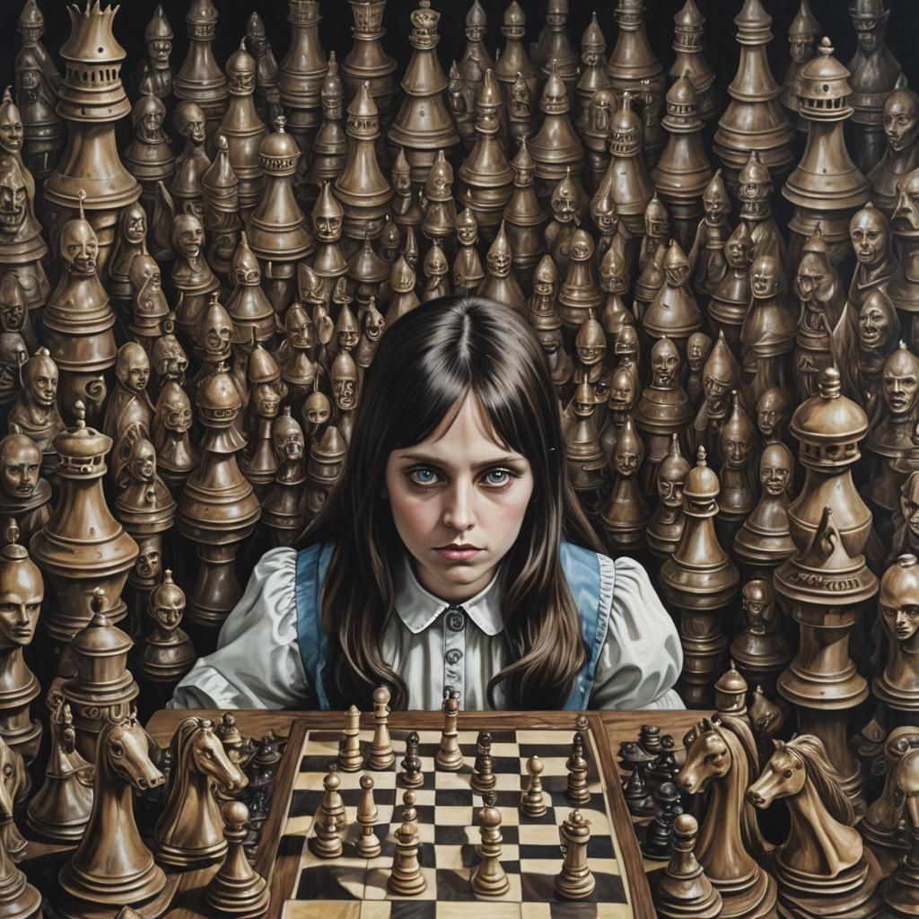 Alice Liddell and Chessmen in Psychedelic Photorealism