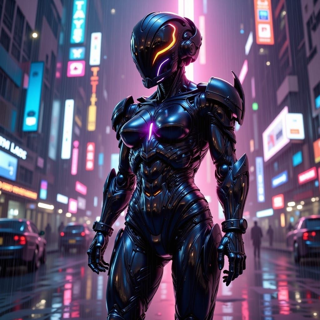Cyber Sentry Watches Over Neon Cityscape