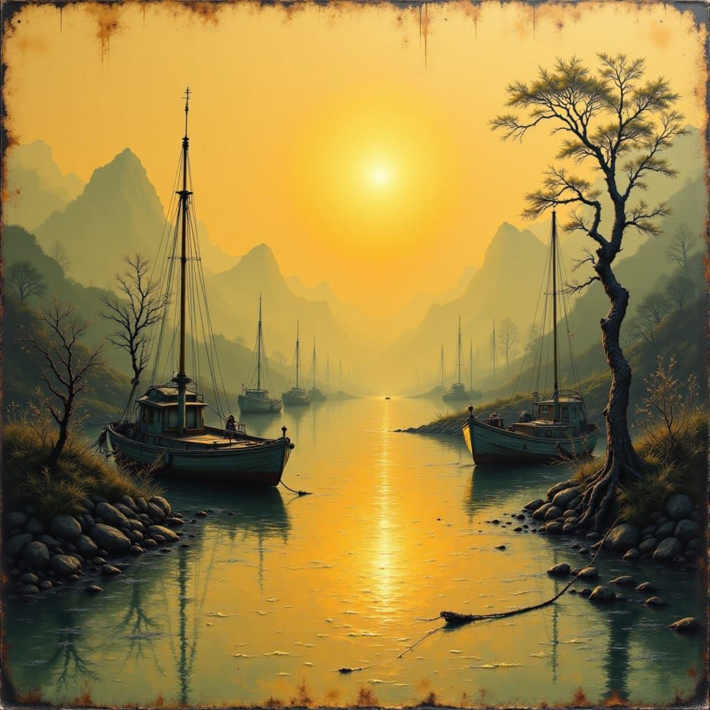 Monochromatic Vintage fishing harbour. Late evening sun rays...