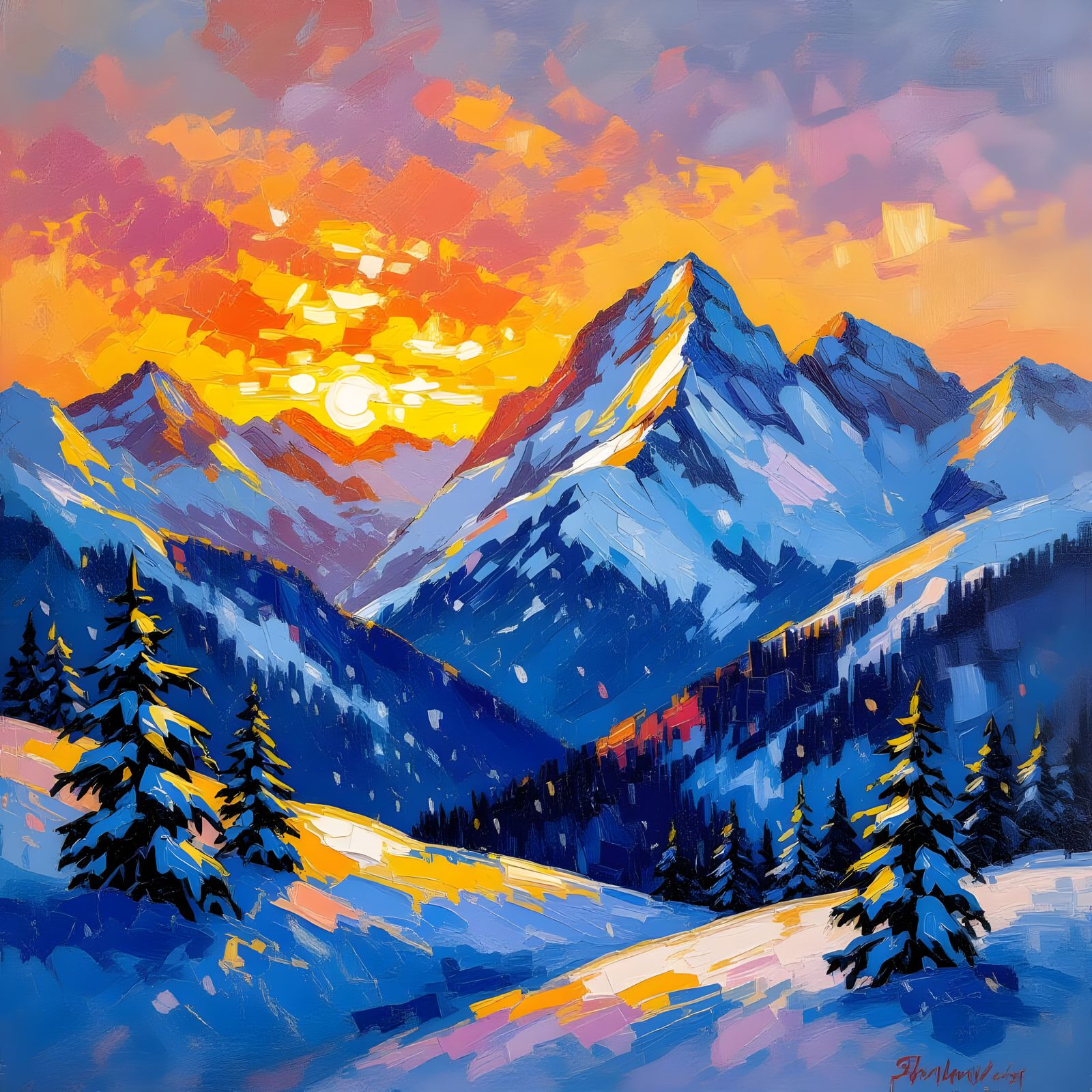 Snowy Swiss Alps at Sunset Neo-Impressionist Oil Painting