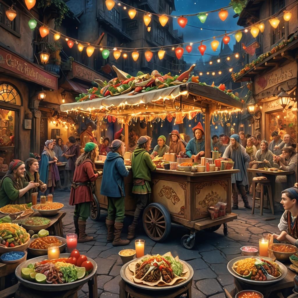 Elves Enjoying Tacos at a Fantasy Street Festival