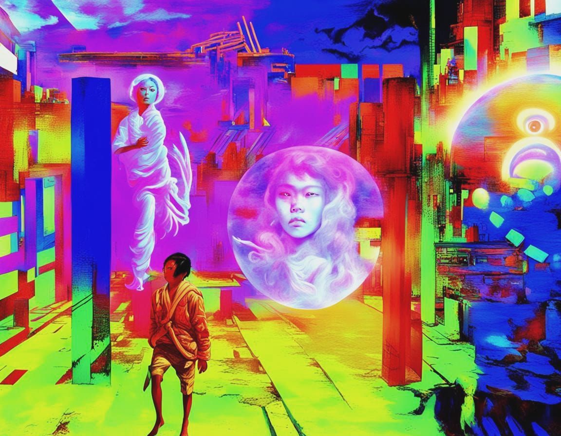 Surreal Neon Dreamscape: Angel, Woman, Piercing Gaze