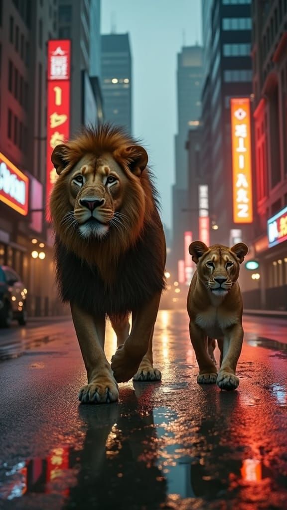 Lions in Deserted City, Gritty Realism Style