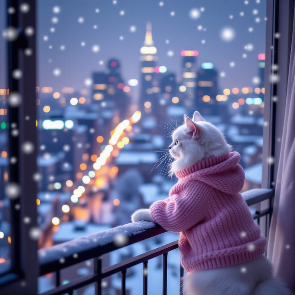 Winter Cityscape and Cat Panorama in Fluid Art Style