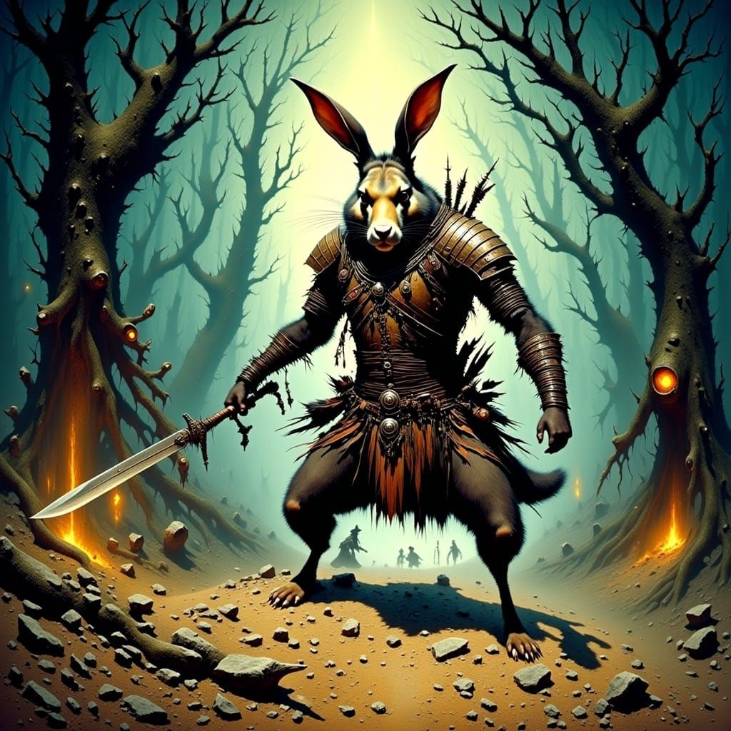Rabbit Warrior Swinging Broken Sword in Mystic Forest