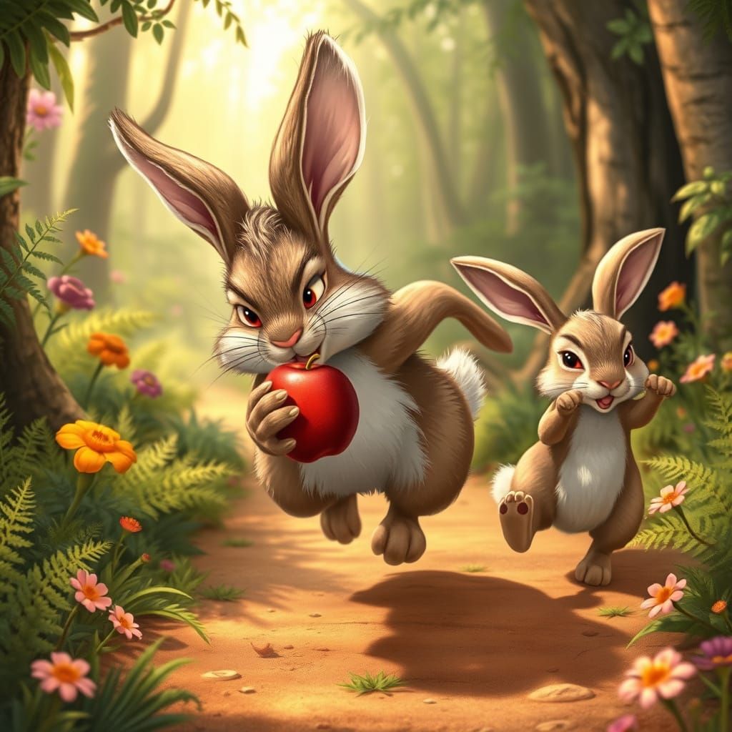 Furious Rabbit Pursues Friend with Juicy Apple