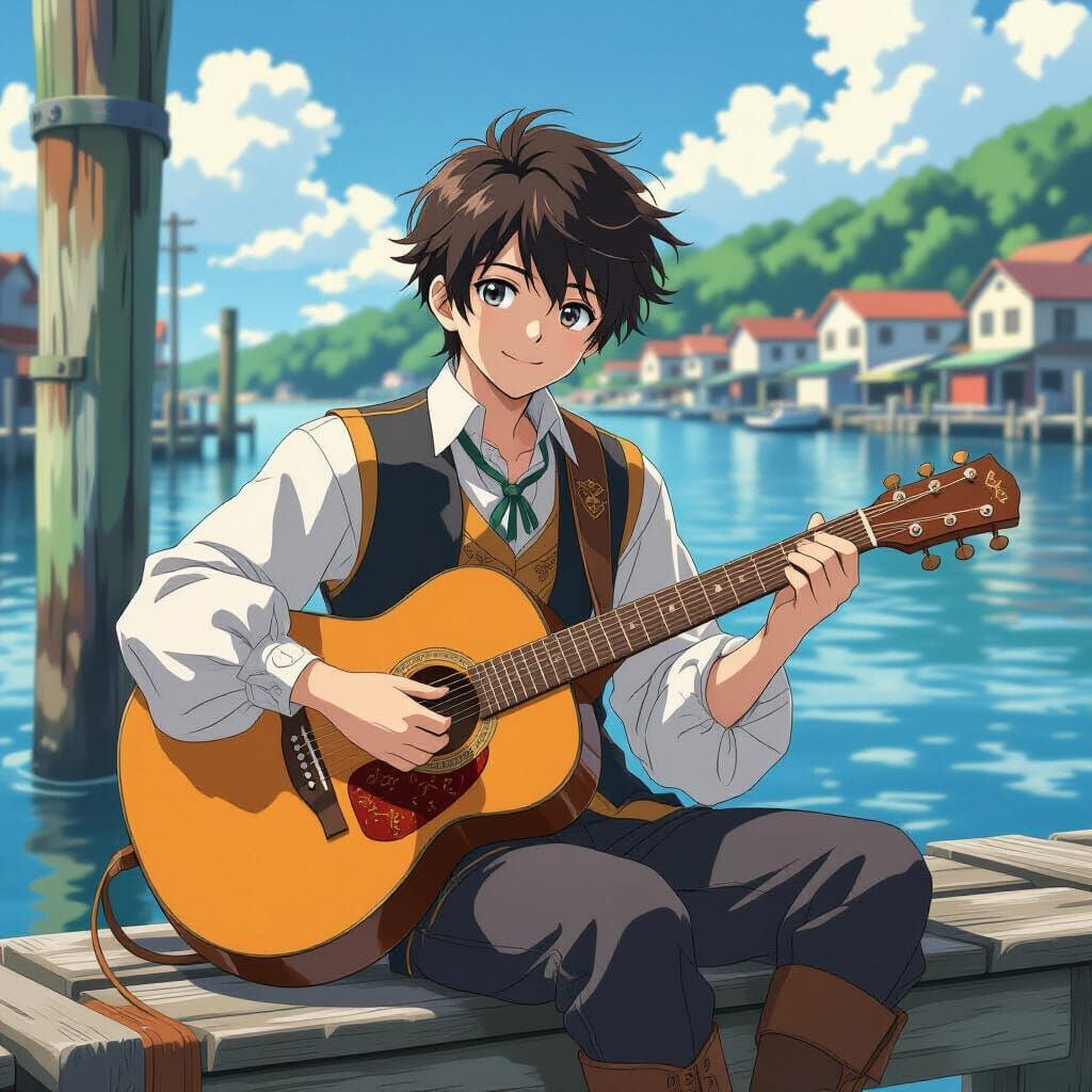 Anime Boy Strums Guitar on Wharf in Fantasy Style