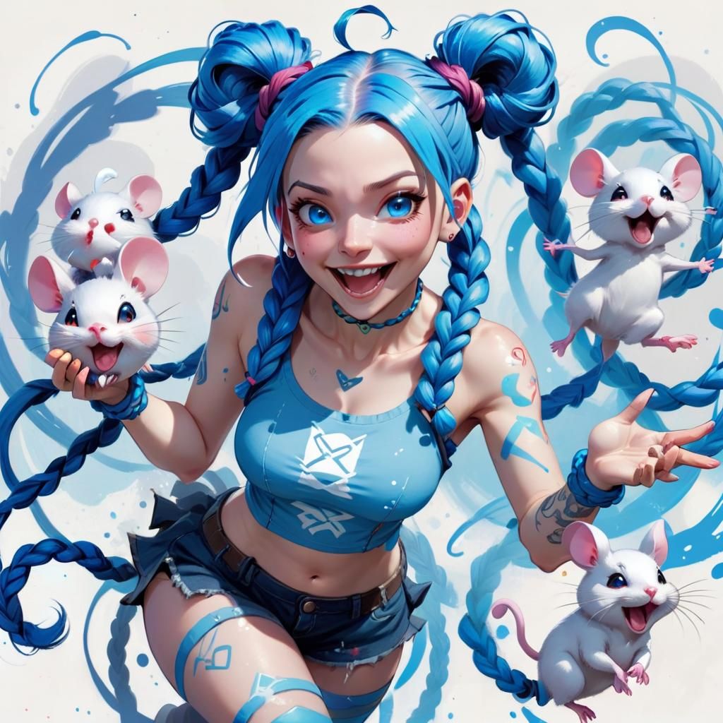 Jinx from League of Legends, playing with mice