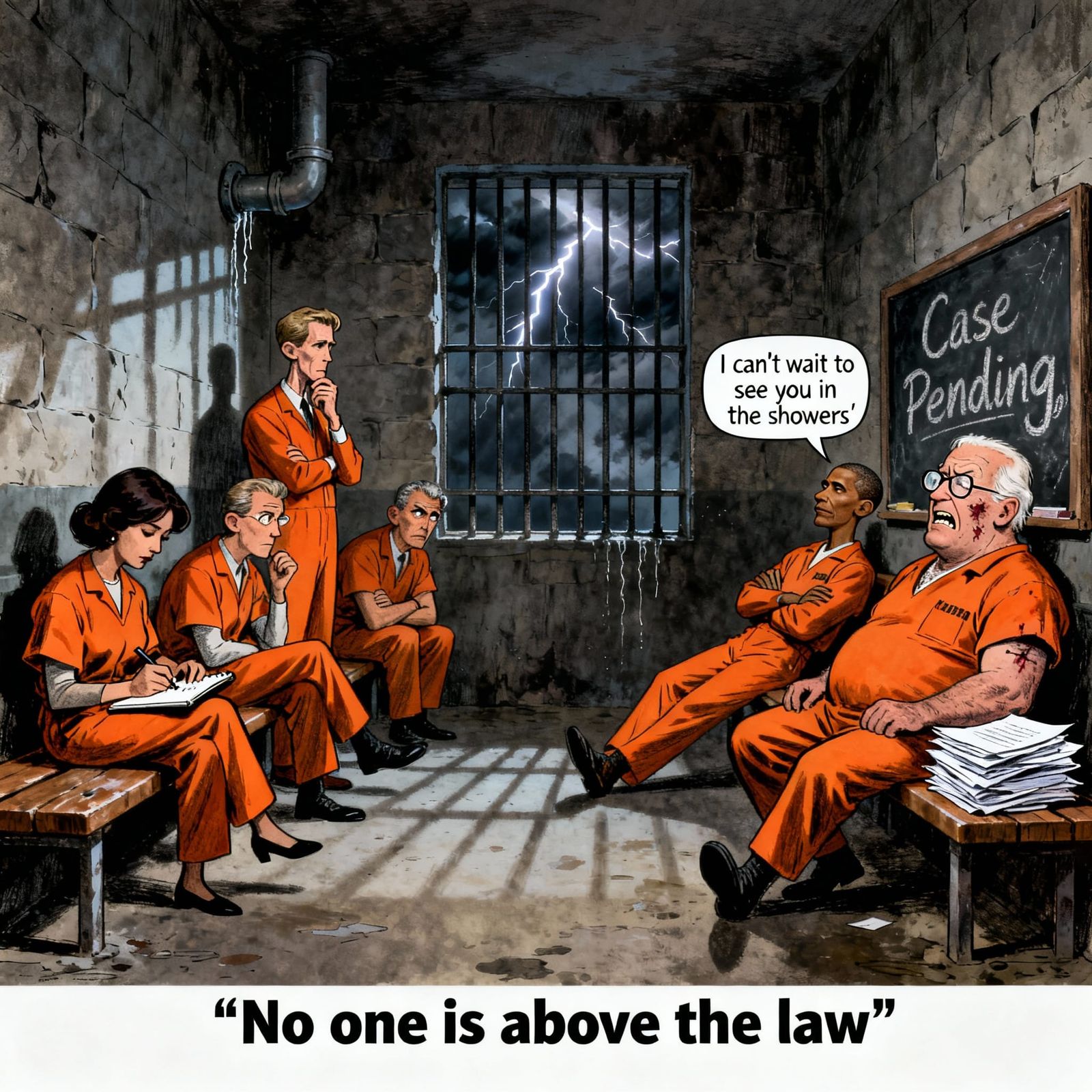 Gritty Jail Cell Scene with Caricatured Figures