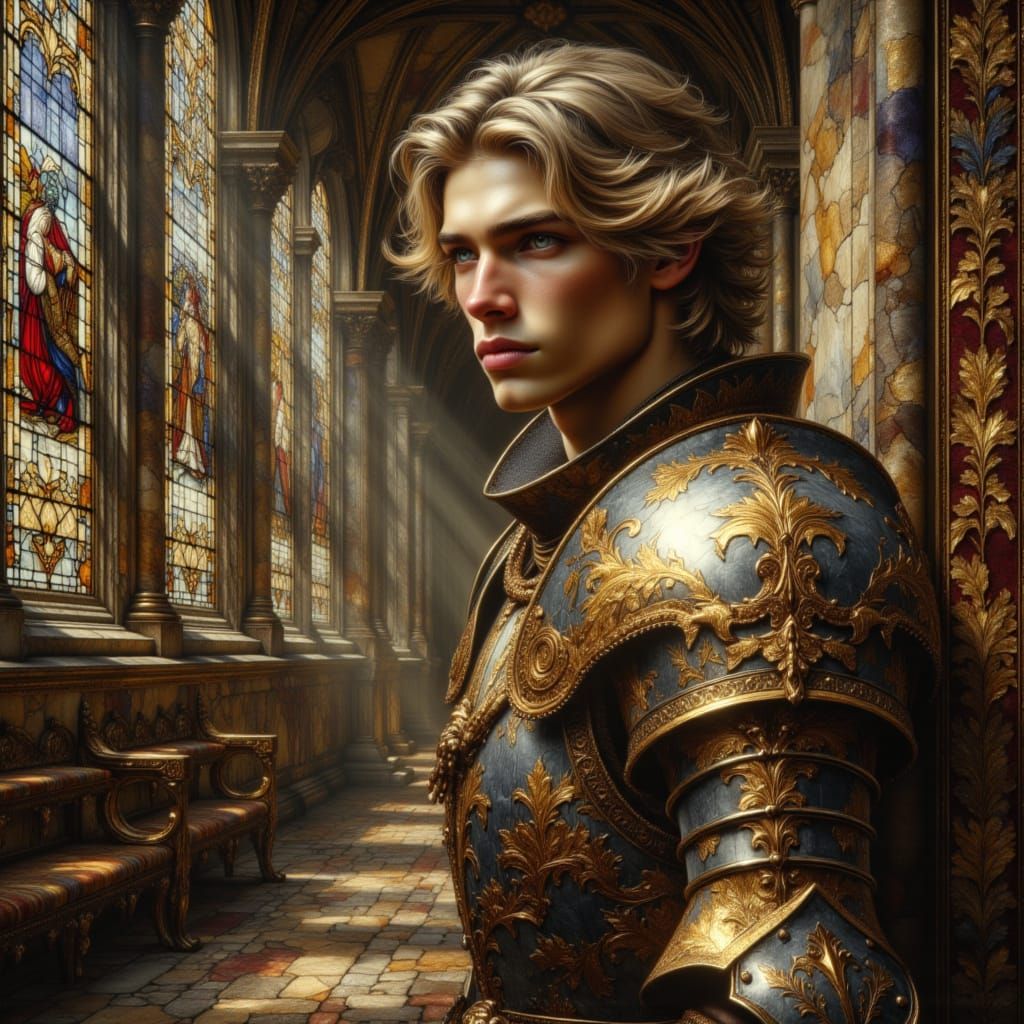 Blond Man in Gold Armor in Gothic Cathedral