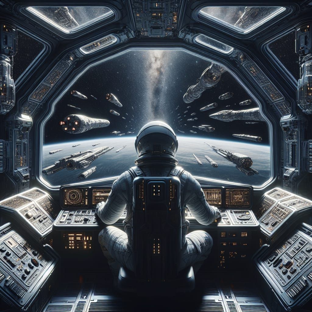 Astronaut Operates Futuristic Spaceship Control Panel Amidst...