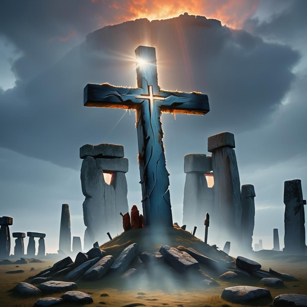 Stonehenge Cross with Animal Pelts at Daybreak