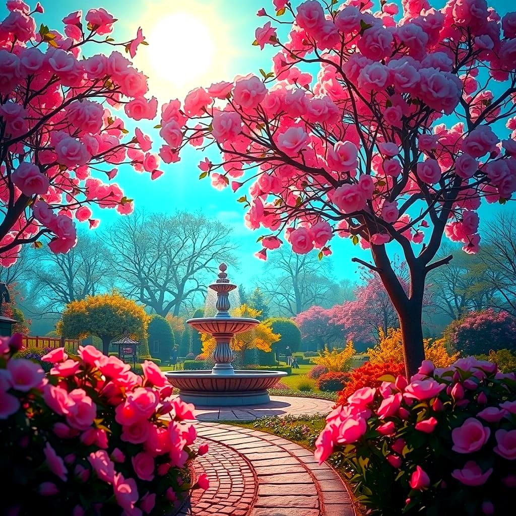 Serene Garden Scene in Vibrant Bloom, Framed by Majestic Tre...