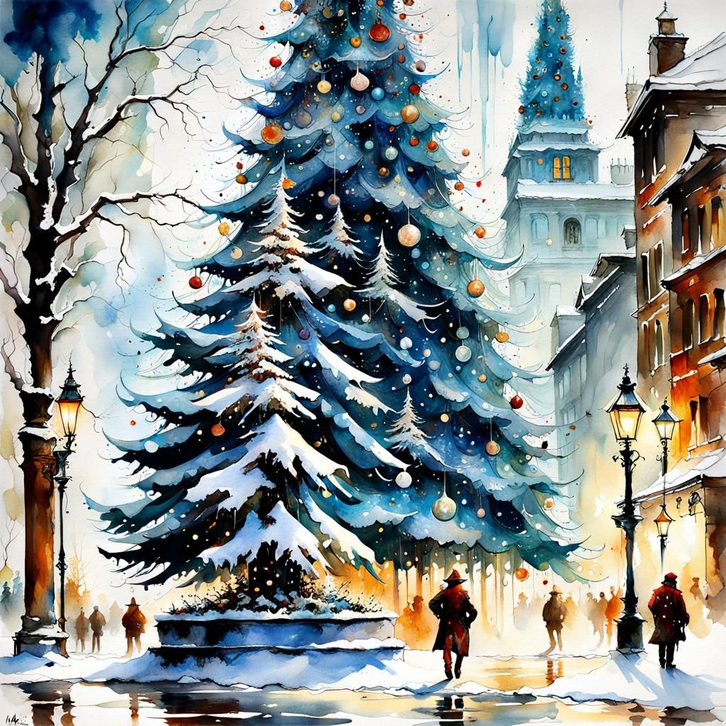 Giant Christmas Tree in Watercolor Style