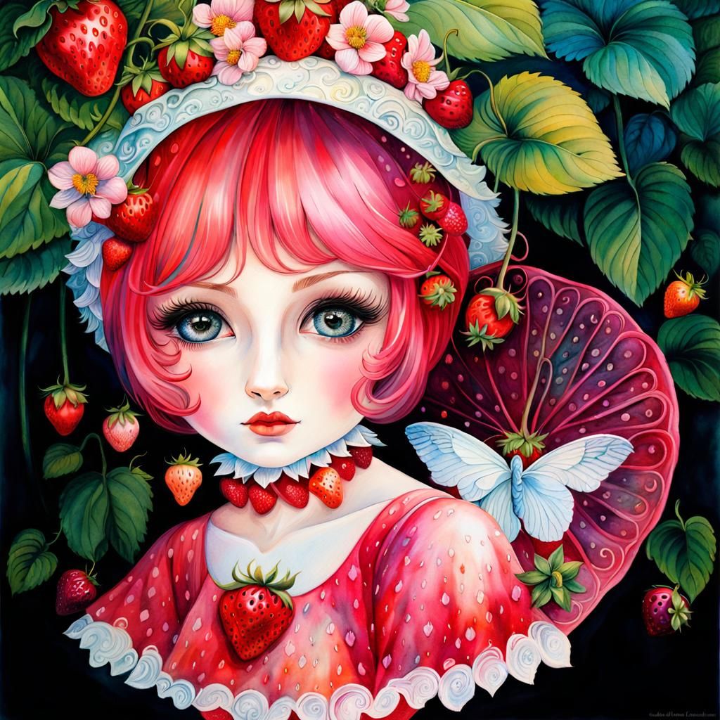 Strawberry Goddess in Paradise Garden, Gouache Art