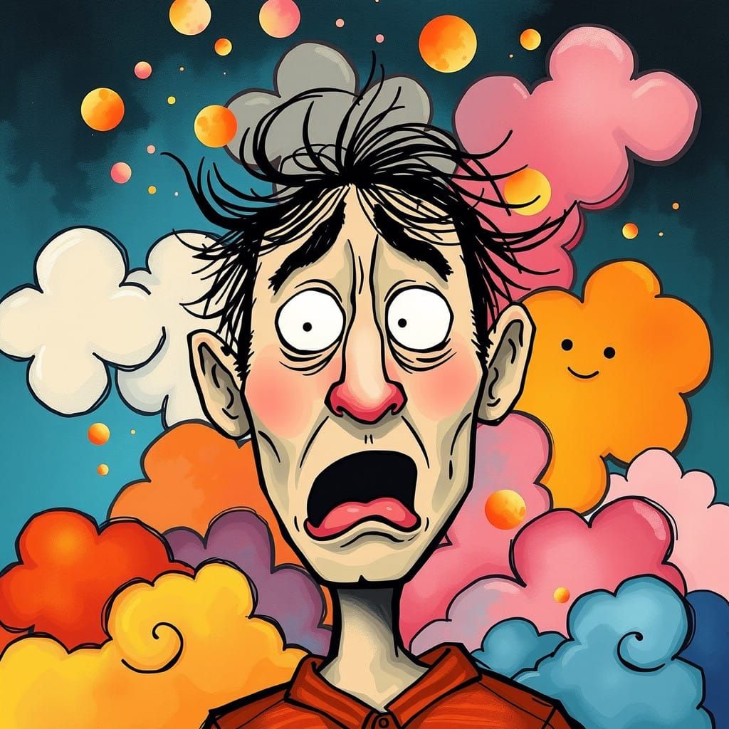 Expressive Figure Surrounded by Whimsical Clouds