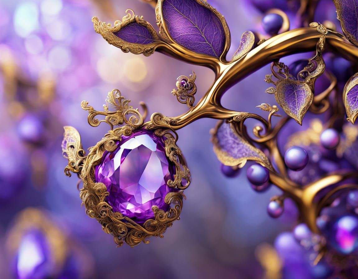 Surreal Golden Fruit Tree in Iridescent Jewel Detail