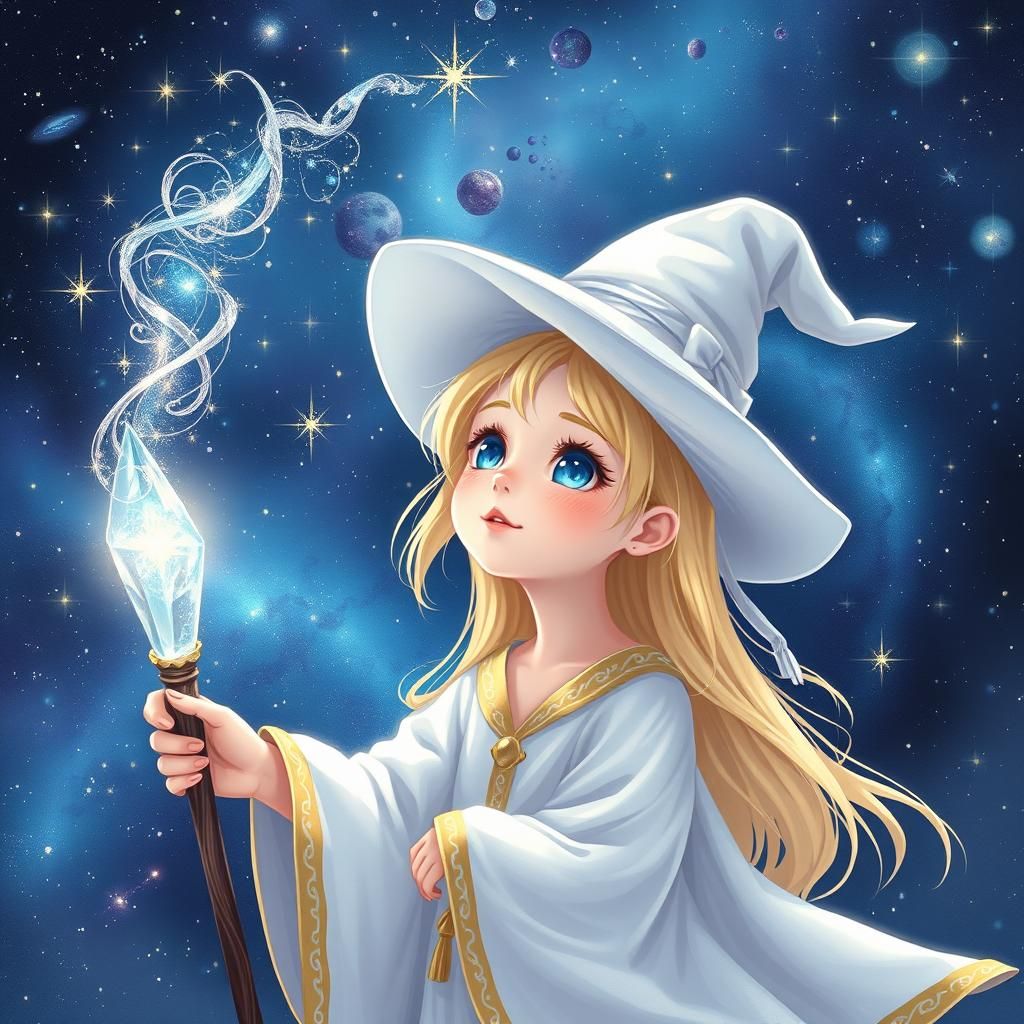 Enchanted Witch with Crystal Wand in Starry Night