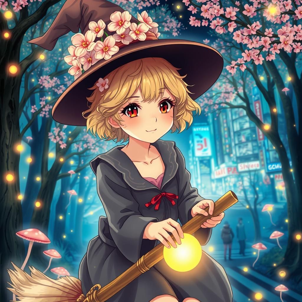 Japanese Witch Rides Broom Through Ethereal Forest