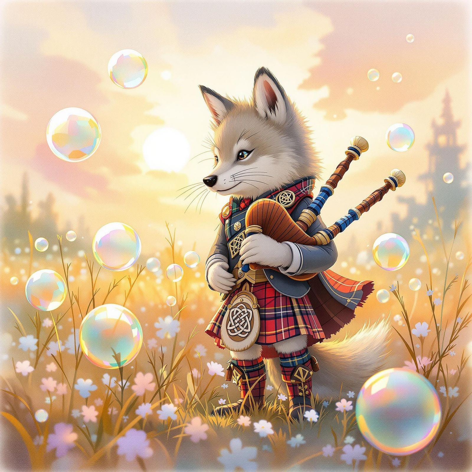 Wolf Cub Piper in Bubble Field, Watercolor Style