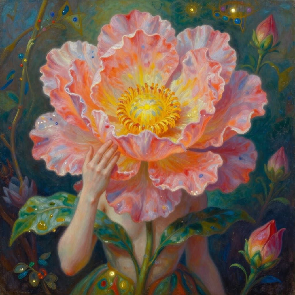 Surrealist Oil Painting of a Person Blooming into a Flower