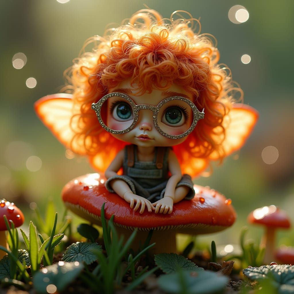 Red-Haired Fairy on Mushroom, Macro Photography