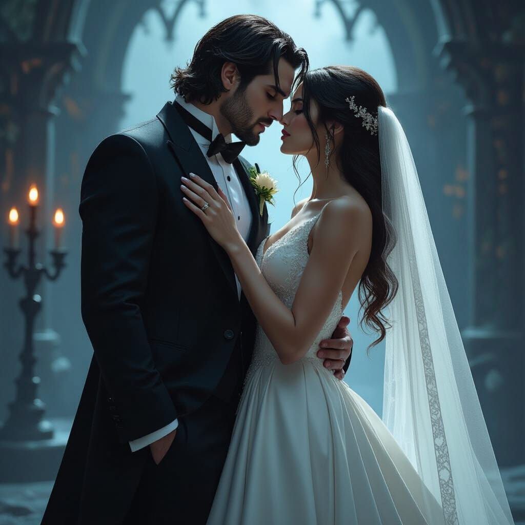 Vampire Groom Bites Bride in Gothic Wedding Scene