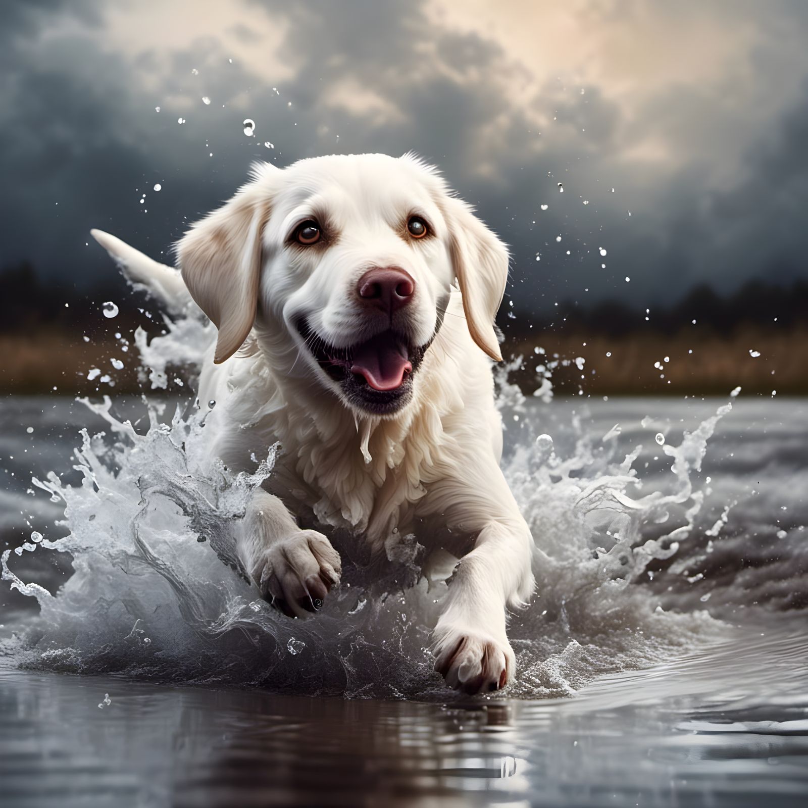 Adorable Labrador Puppy Splashing in Puddle Portrait