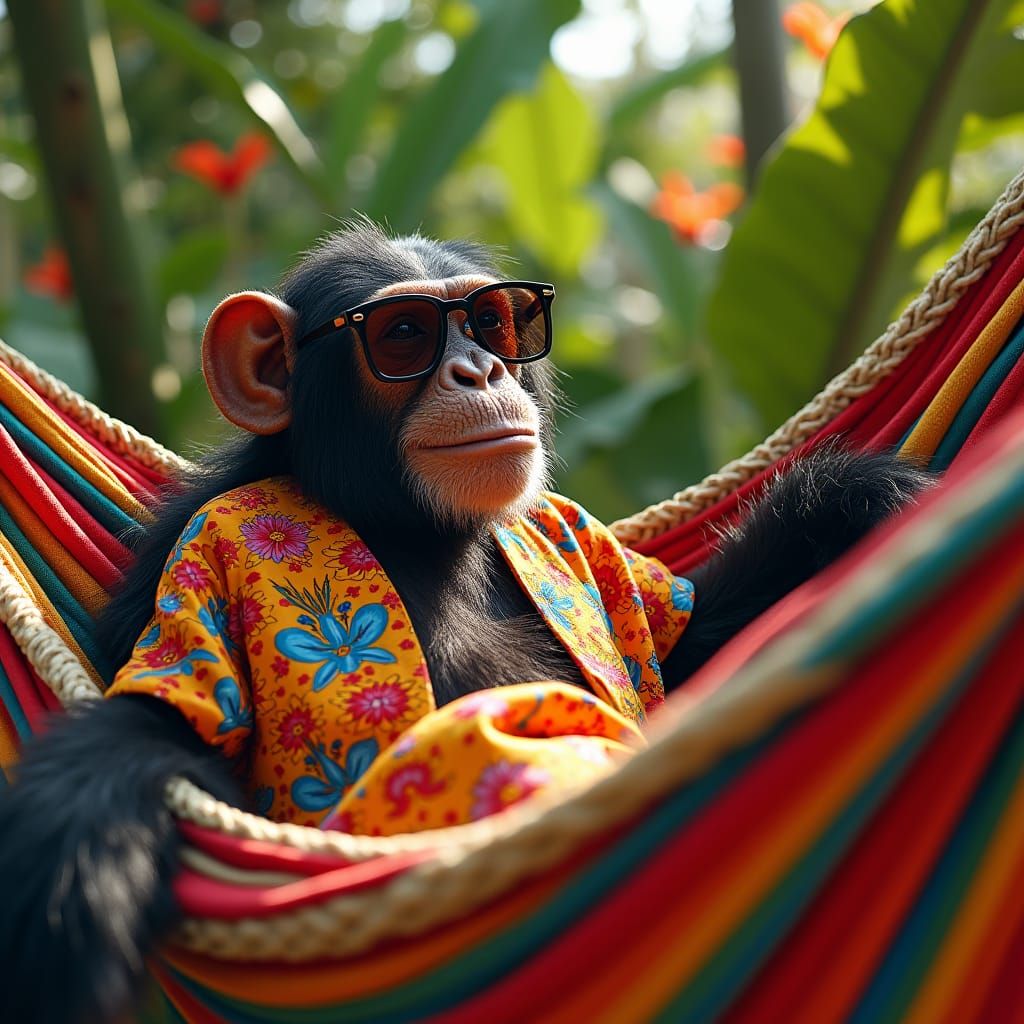 Hippie Chimp Lounging in a Hammock: Photorealistic Style
