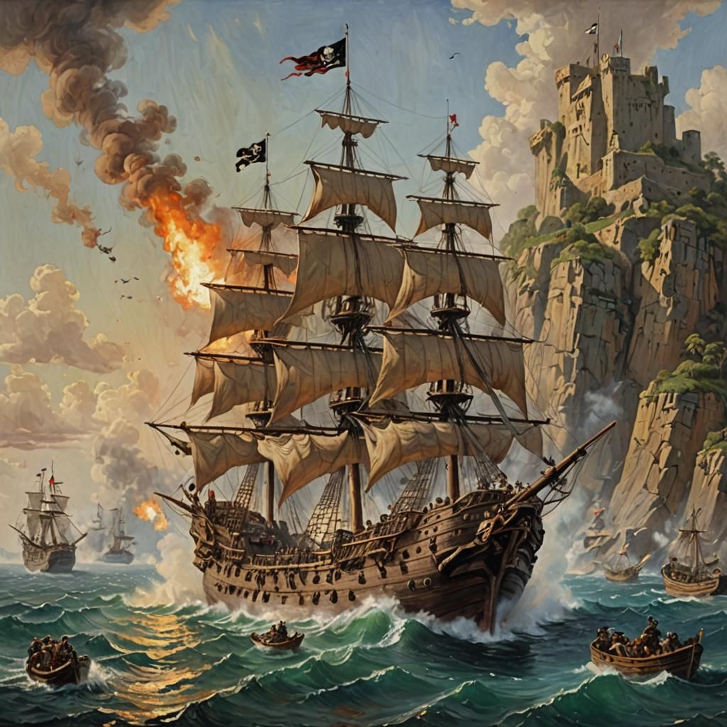 A large wooden pirate ship firing cannons into an island fortress, oil painting by James Gurney