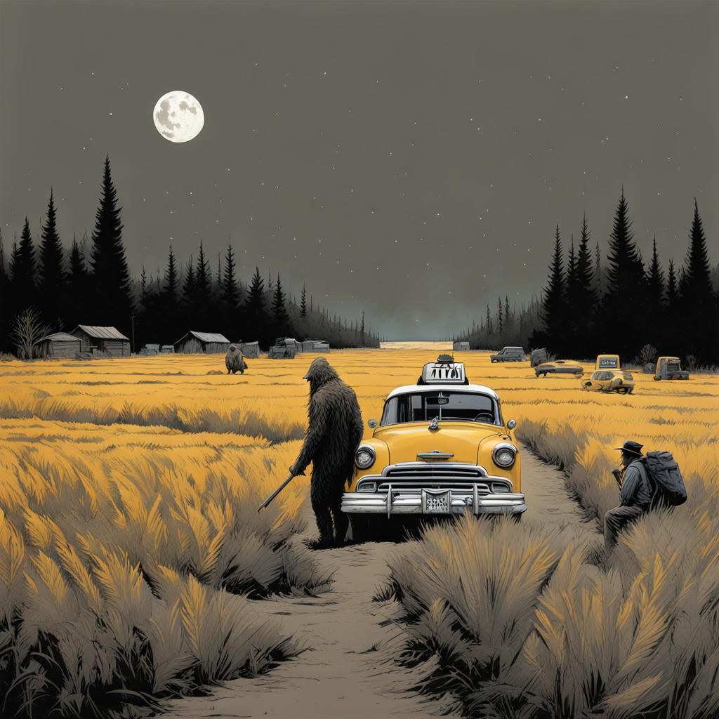 Surreal Sasquatch and Scarecrow Landscape in Comic Art