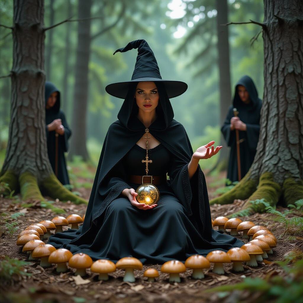 A good witch is sitting in the forest and the members of inq...