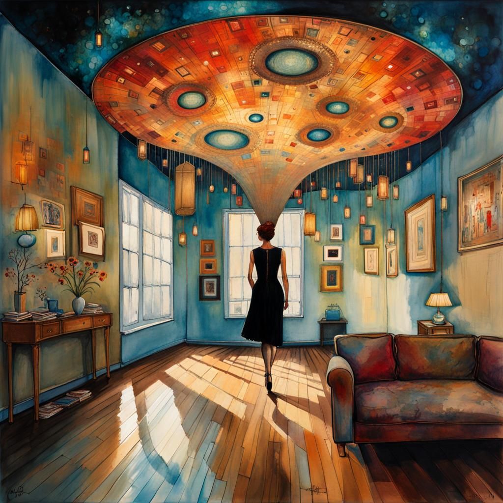 Woman Walks on Ceiling in Art Brut Style