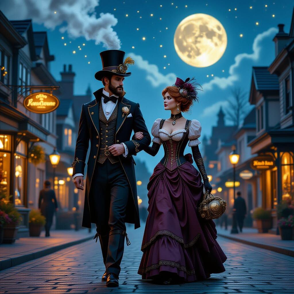 Steampunk Couple Strolls Through Futuristic Village at Twili...