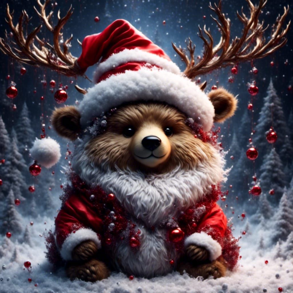 Adorable Fluffy Chibi Reindeer with Santa Hat