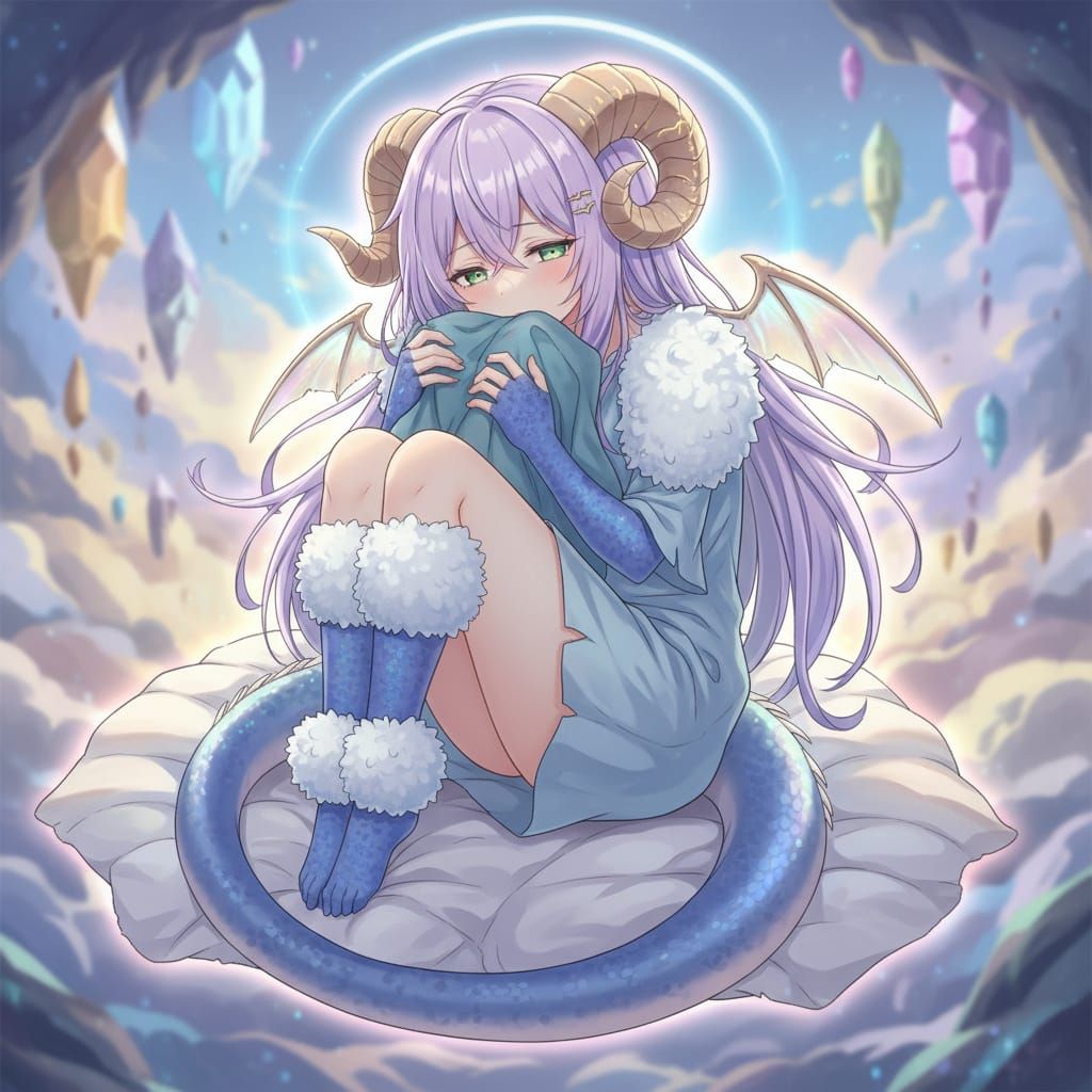 Dreamy Dragon-Sheep Girl with Glowing Runes