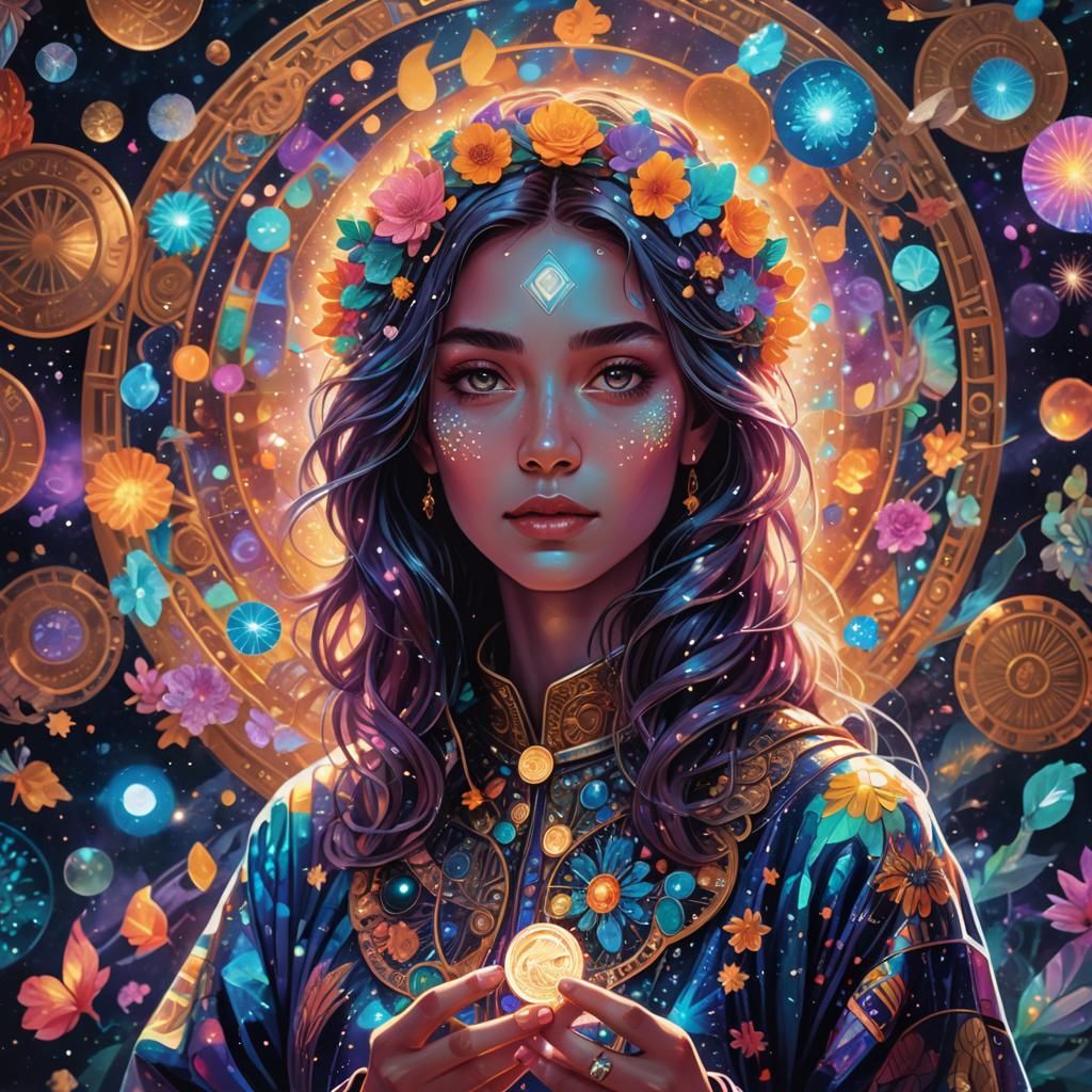 Woman with Penny in Holographic Astral Art