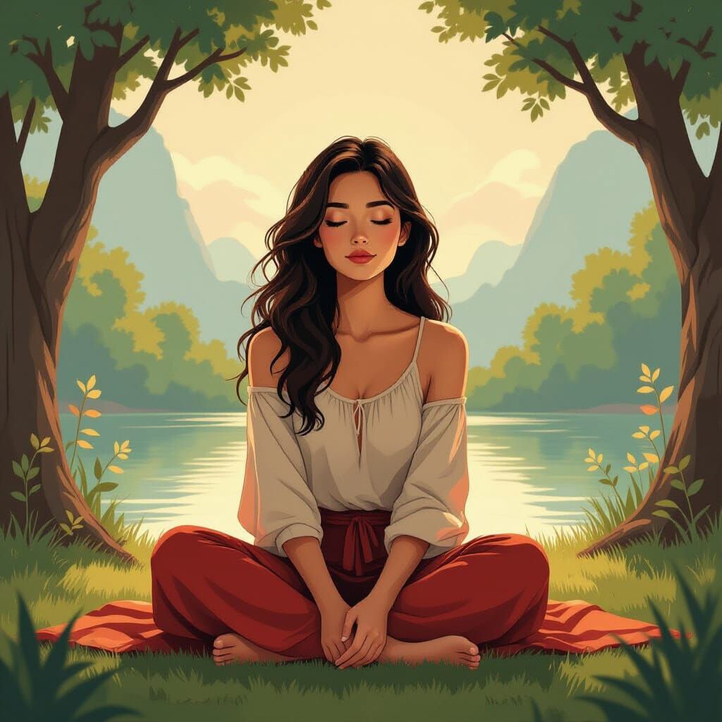 Contemplative Woman in Nature, Dreamy Art Style