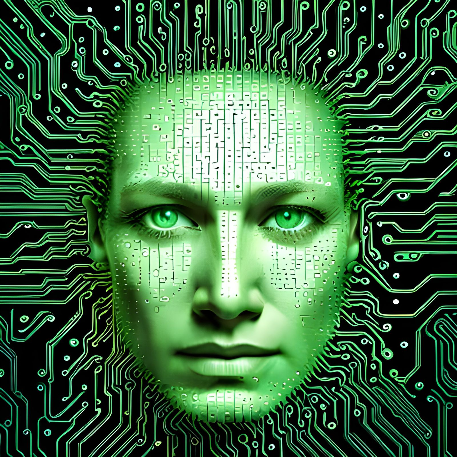 Green ASCII Portrait in Matrix Circuit Board Style