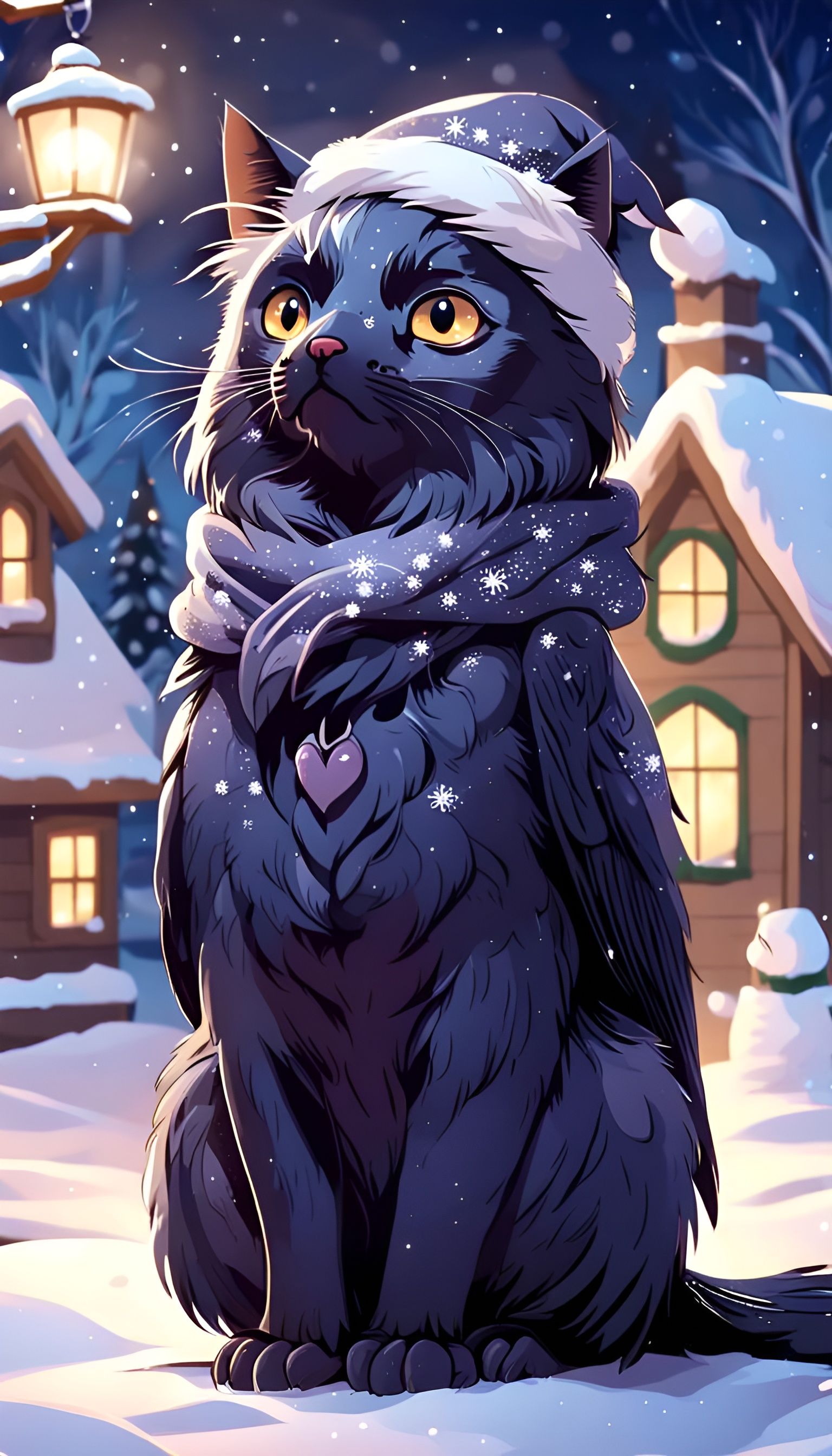 Cute Raven Cat in Snowy Christmas Night